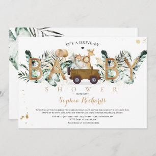 Safari Animals Drive By Baby Shower Greenery Gold Invitation