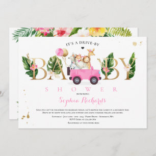 Safari Animals Drive By Baby Shower Greenery Gold Invitation