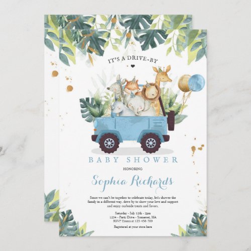 Safari Animals Drive By Baby Shower Greenery Gold Invitation