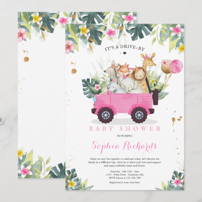 Safari Animals Drive By Baby Shower Greenery Gold Invitation (Front/Back)