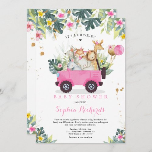 Safari Animals Drive By Baby Shower Greenery Gold Invitation