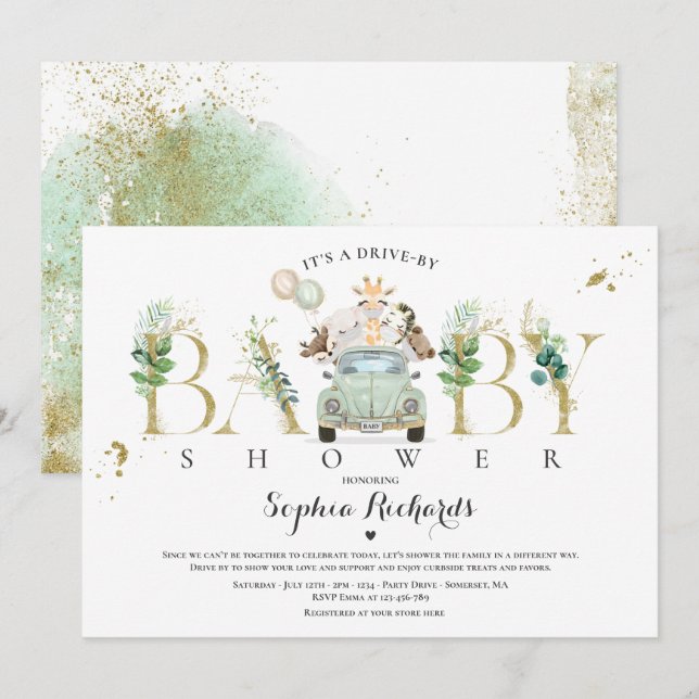 Safari Animals Drive By Baby Shower Greenery Gold Invitation (Front/Back)