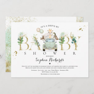 Safari Animals Drive By Baby Shower Greenery Gold Invitation