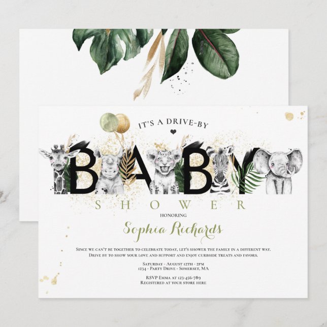 Safari Animals Drive By Baby Shower Greenery Gold Invitation (Front/Back)