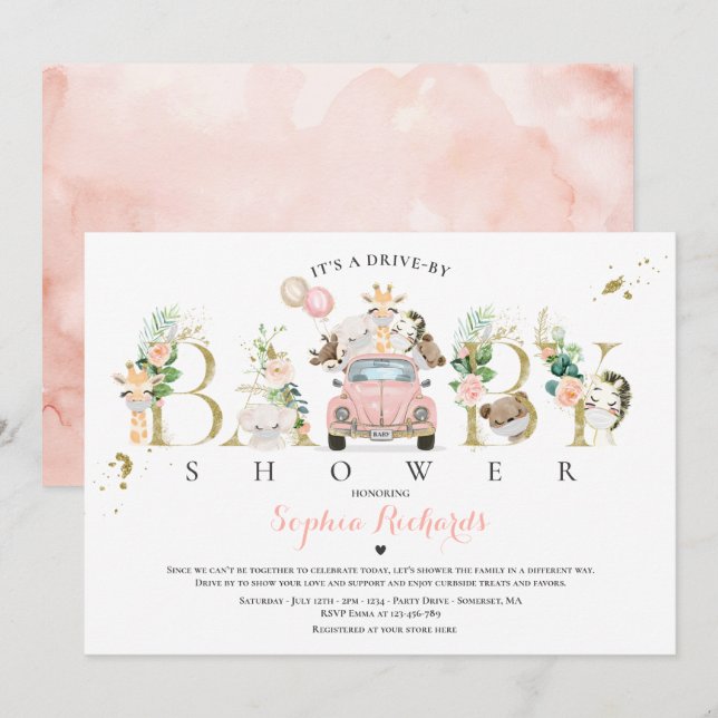 Safari Animals Drive By Baby Shower Greenery Gold Invitation (Front/Back)