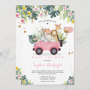 Safari Animals Drive By Baby Shower Greenery Gold Invitation
