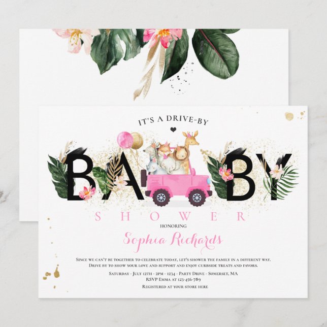 Safari Animals Drive By Baby Shower Greenery Gold Invitation (Front/Back)