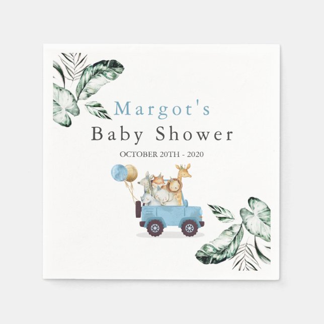 Safari Animals Drive By Baby Shower Greenery Gold Napkins (Front)