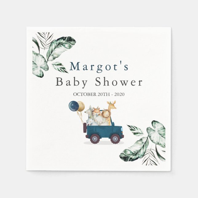 Safari Animals Drive By Baby Shower Greenery Gold Napkins (Front)