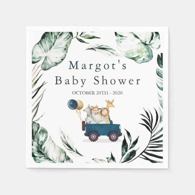 Safari Animals Drive By Baby Shower Greenery Gold Napkins (Front)
