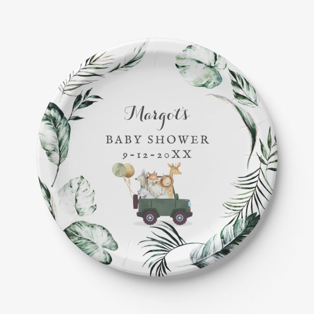 Safari Animals Drive By Baby Shower Greenery Gold Paper Plates (Front)