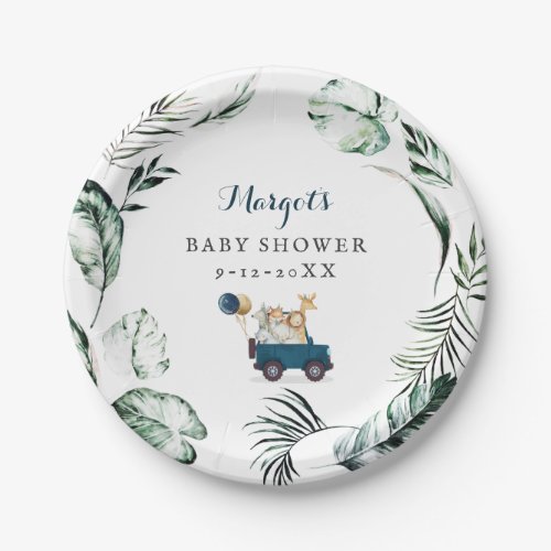 Safari Animals Drive By Baby Shower Greenery Gold Paper Plates