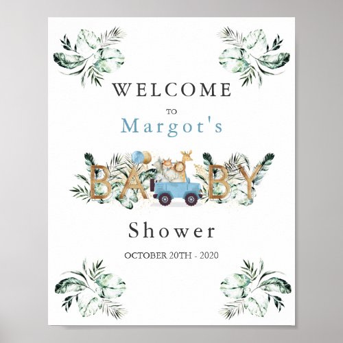 Safari Animals Drive By Baby Shower Greenery Gold Poster