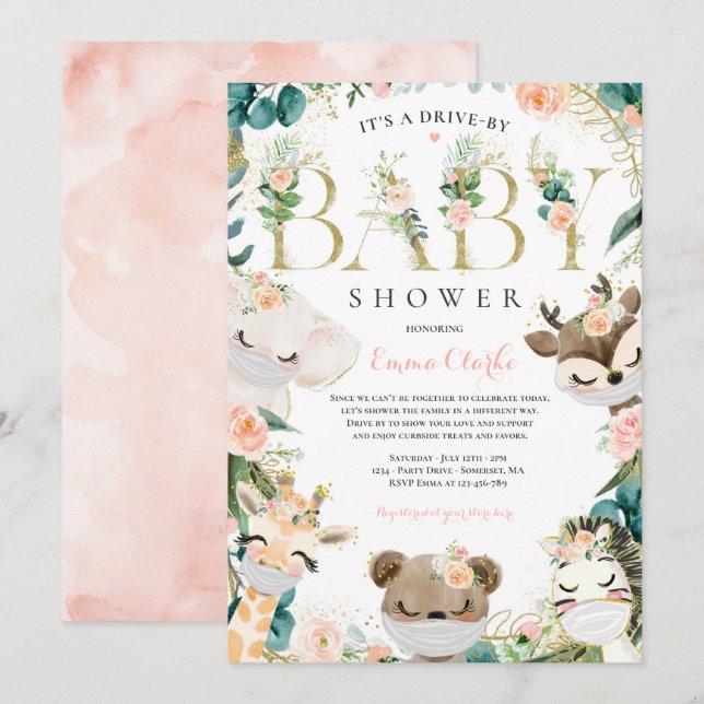 Safari Animals Drive By Baby Shower Greenery Pink Invitation (Front/Back)