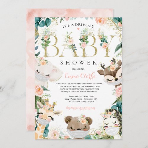 Safari Animals Drive By Baby Shower Greenery Pink Invitation