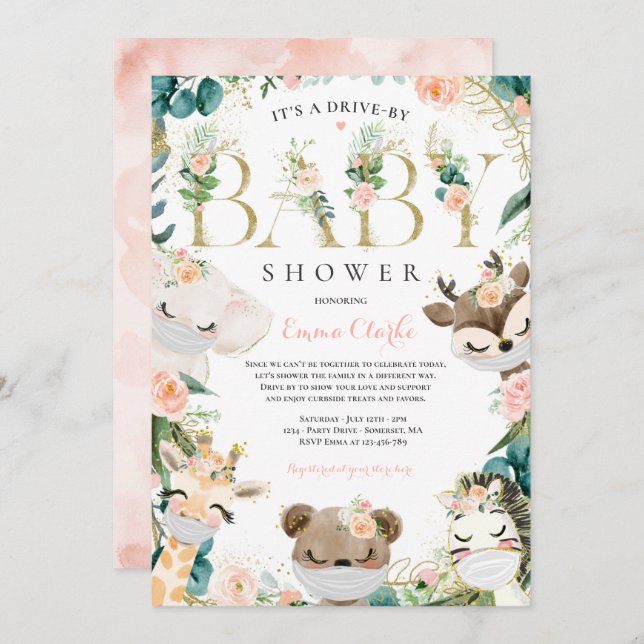 Safari Animals Drive By Baby Shower Greenery Pink Invitation (Front/Back)