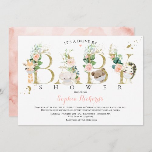 Safari Animals Drive By Baby Shower Greenery Pink Invitation