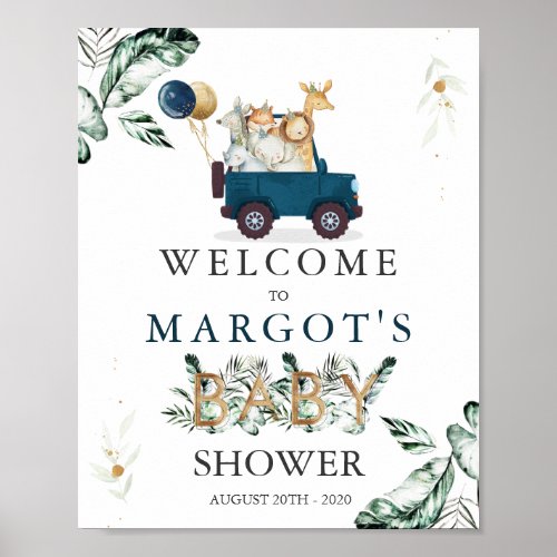 Safari Animals Drive By Baby Shower Greenery Poster