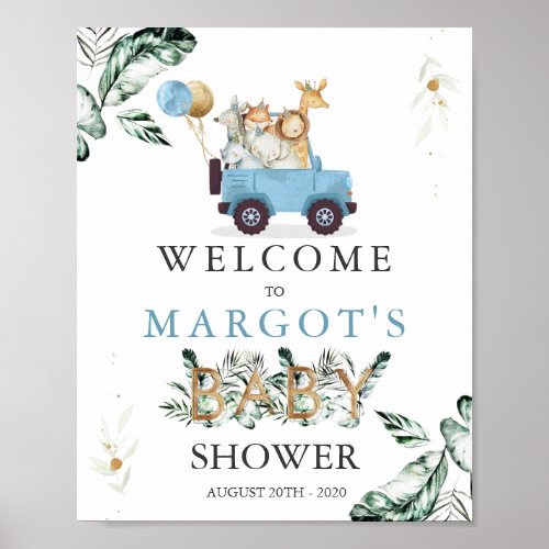 Safari Animals Drive By Baby Shower Greenery Poster