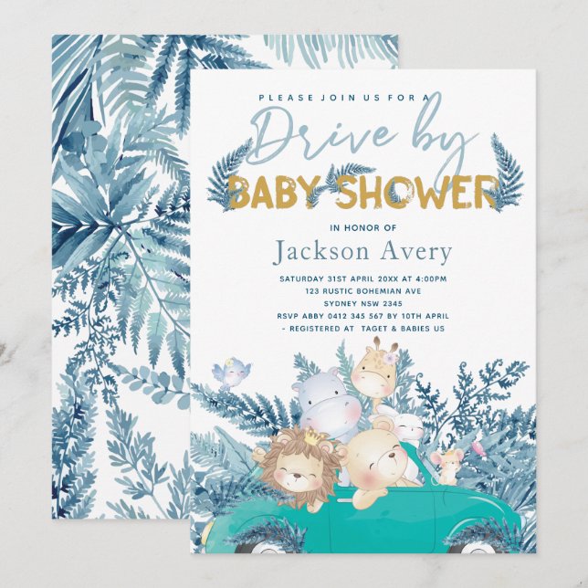 Safari Animals Drive By Baby Shower Invitation (Front/Back)
