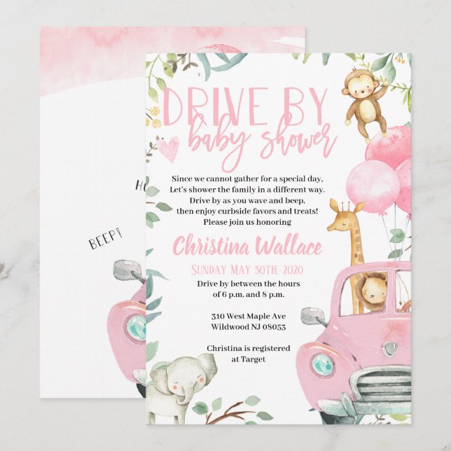 Safari Animals Drive By Baby Shower Invitations (Front/Back)