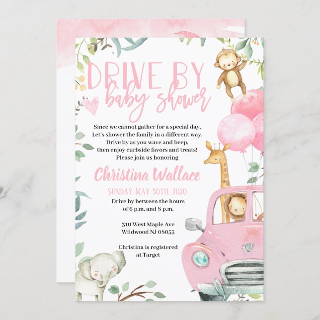 Safari Animals Drive By Baby Shower Invitations (Front/Back)
