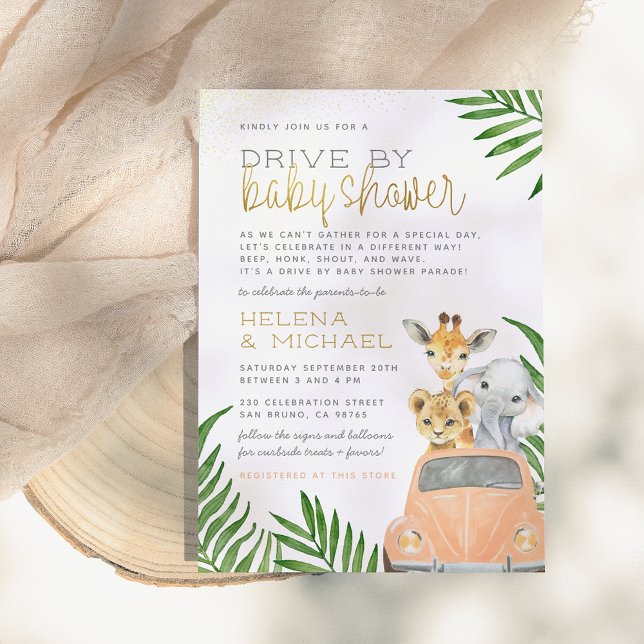 Safari Animals Drive By Pink Car Girl Baby Shower Invitation (Creator Uploaded)