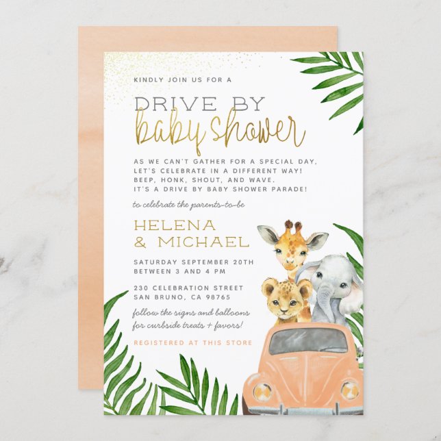 Safari Animals Drive By Pink Car Girl Baby Shower Invitation (Front/Back)