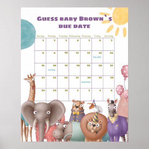 Safari Animals Due Date Calendar Poster