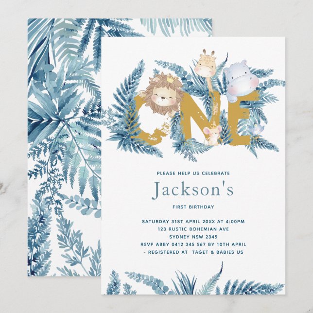 Safari Animals First Birthday Invitation (Front/Back)