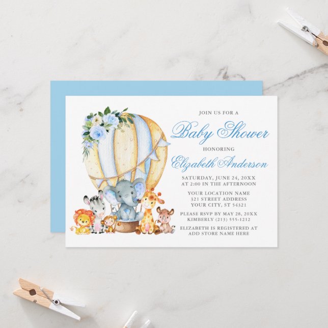 Safari Animals Floral Air Balloon Blue Baby Shower Invitation (Front/Back In Situ)