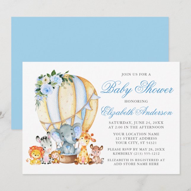 Safari Animals Floral Air Balloon Blue Baby Shower Invitation (Front/Back)