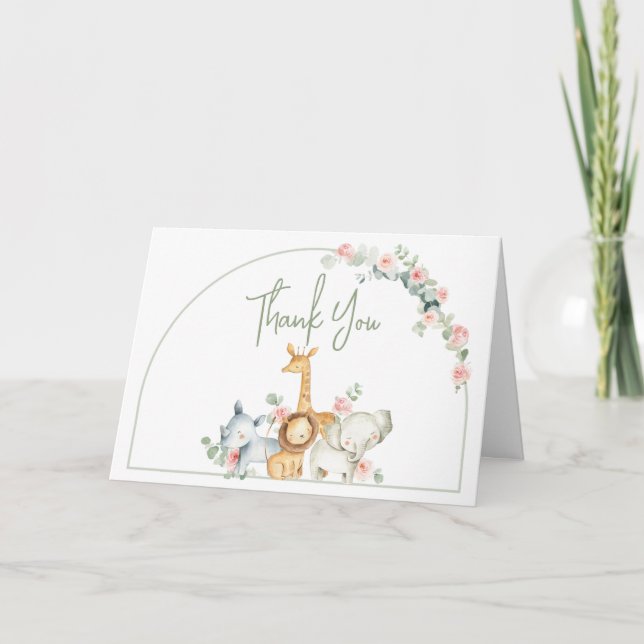 Safari Animals Floral Baby Shower  Thank You Card (Front)