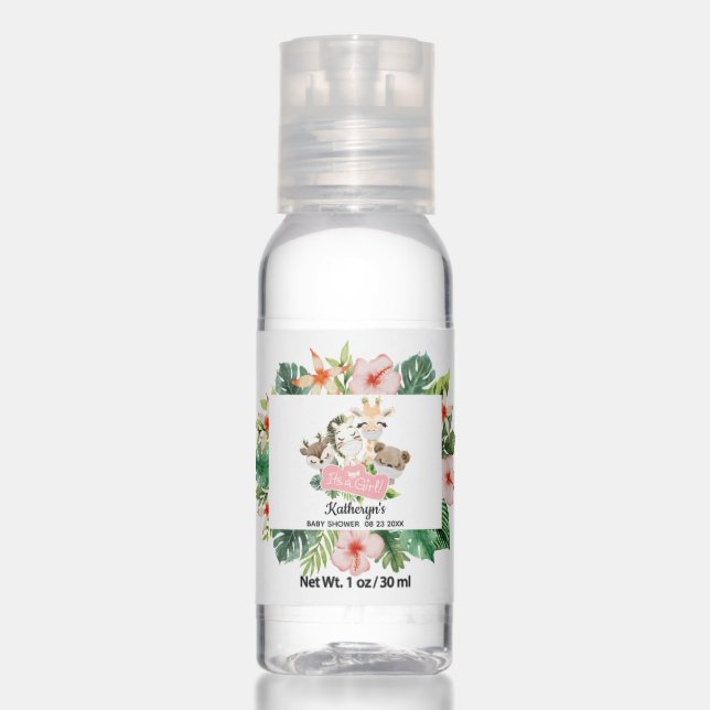 Safari Animals Floral Girl Baby Shower Hand Sanitizer (Front)