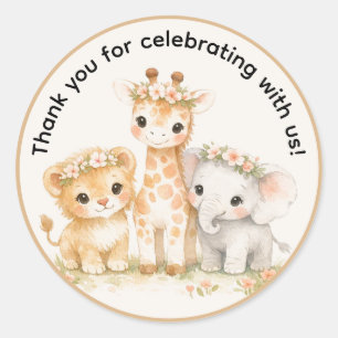 Safari Animals Floral Girl Boho Thank You Classic Round Sticker