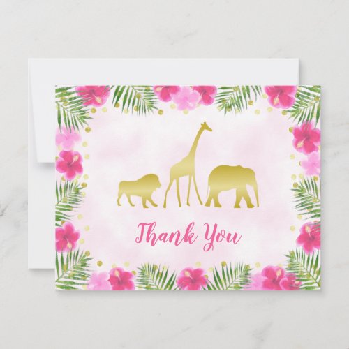 Safari Animals Floral Pink Gold Baby Girl Shower Thank You Card