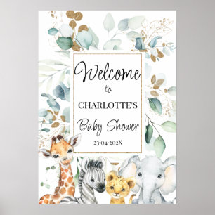 Safari Animals Foliage Baby Shower Welcome Poster