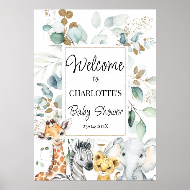 Safari Animals Foliage Baby Shower Welcome Poster (Front)