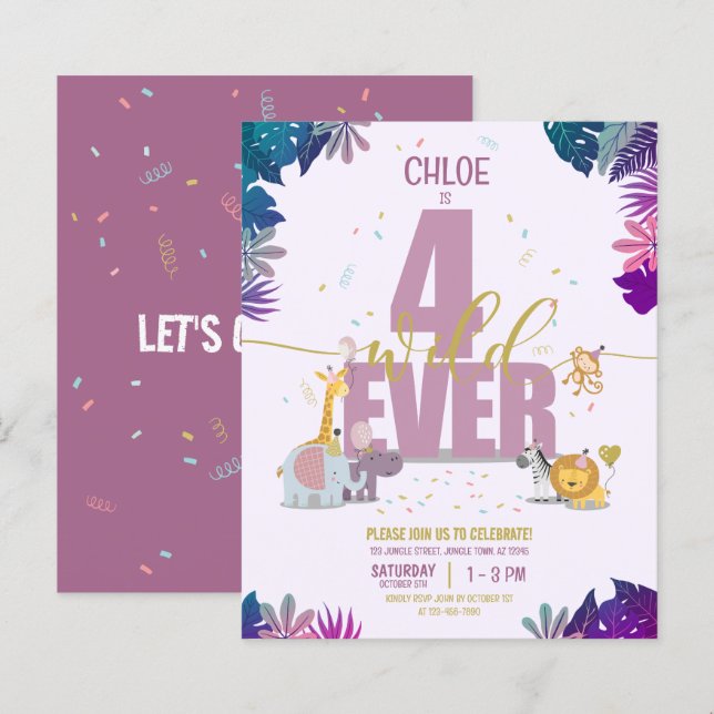Safari Animals Four Ever Wild Girl Budget Birthday (Front/Back)