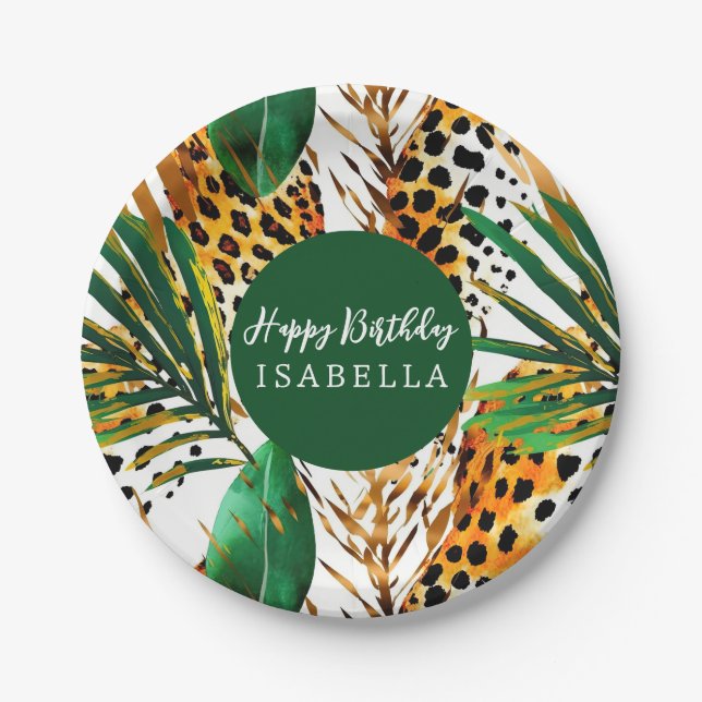 Safari Animals' Fur Prints & Palm Leaves Boho Paper Plates (Front)