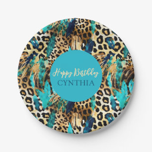 Safari Animals' Fur Prints Pattern Blue and Gold Paper Plates