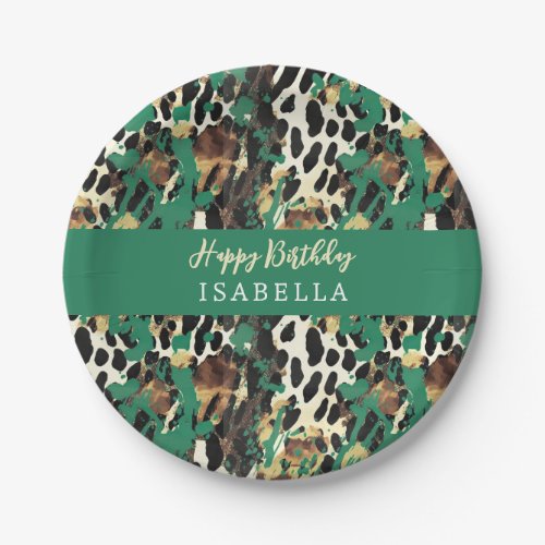 Safari Animals Fur Prints Pattern Boho Bold Green Paper Plates