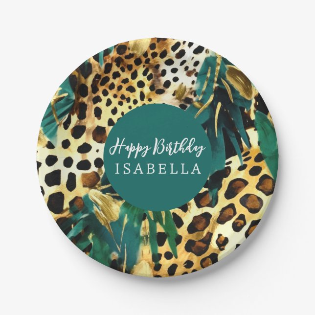 Safari Animals' Fur Prints Pattern Boho Bold Green Paper Plates (Front)