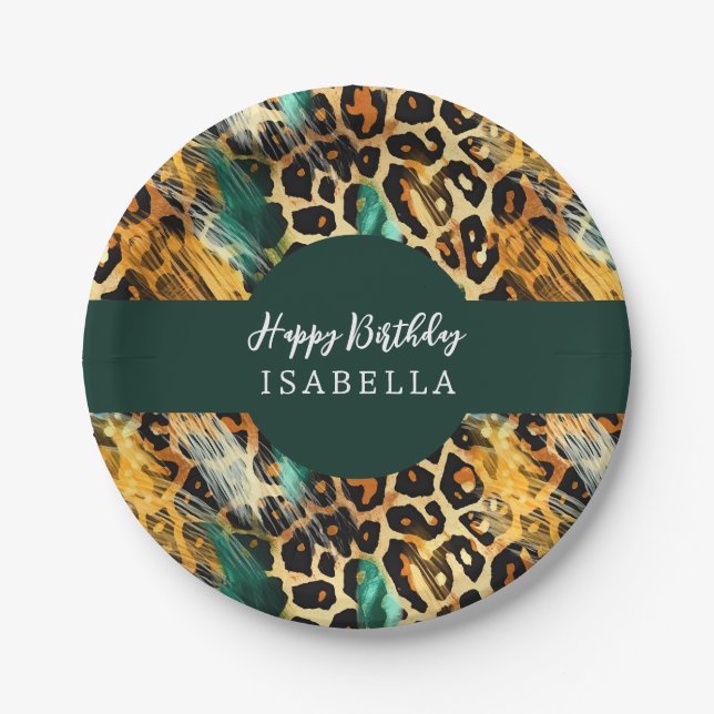 Safari Animals' Fur Prints Pattern Boho Green Gold Paper Plates (Front)