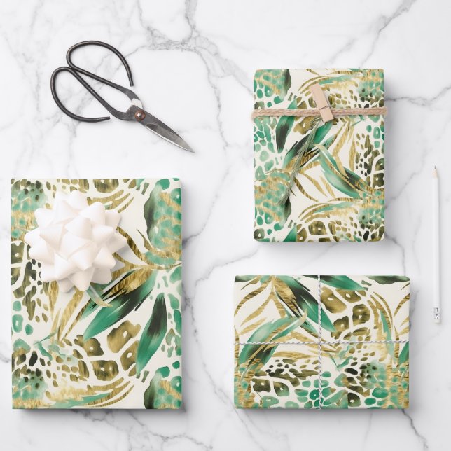 Safari Animals' Fur Prints Pattern Green and Gold Wrapping Paper Sheets (Front)