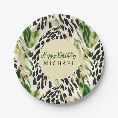 Safari Animals Fur Prints Pattern Green Boho Paper Plates