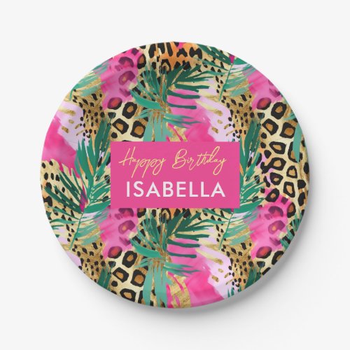 Safari Animals Fur Prints Pattern Green Pink Gold Paper Plates