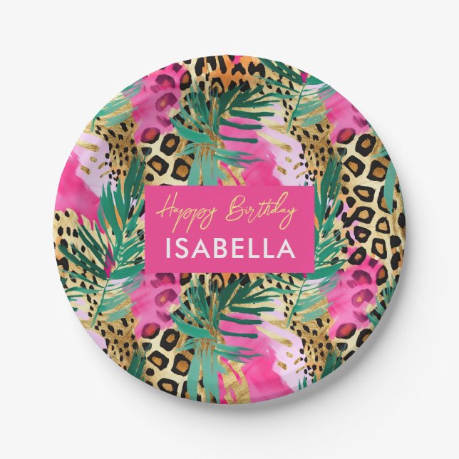 Safari Animals' Fur Prints Pattern Green Pink Gold Paper Plates (Front)
