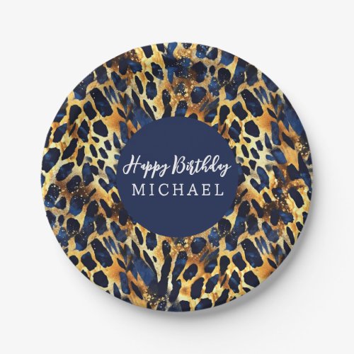 Safari Animals Fur Prints Pattern Navy Blue Gold Paper Plates