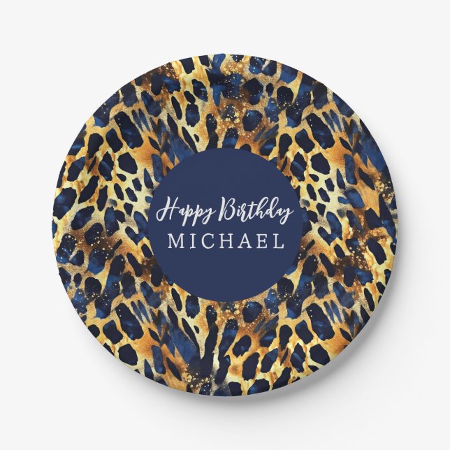 Safari Animals' Fur Prints Pattern Navy Blue Gold Paper Plates (Front)